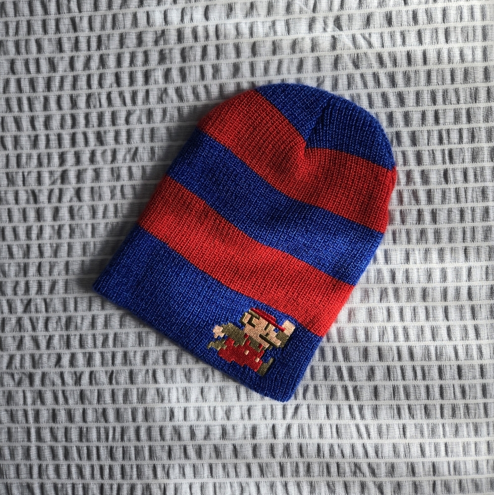 Nintendo Mario Beanie Hat Blue Red Stripe Kids 8 Bit Pixel Retro Embroidered